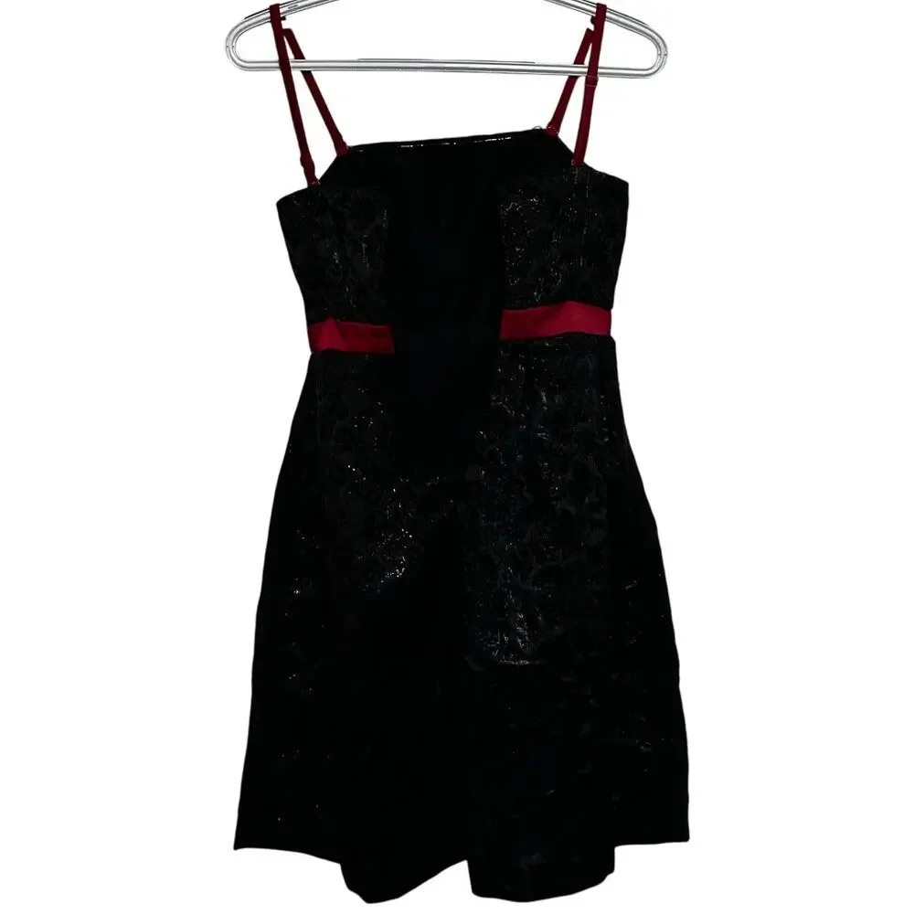 Eric + Lani Juniors‎ Black Shiny Dress Red Waist Band & Spaghetti Straps Size XS